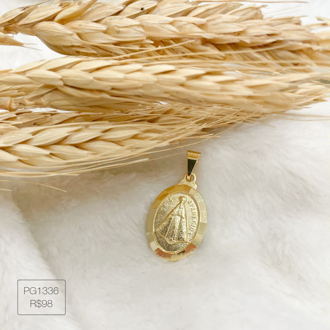 Pingente de N. Senhora Aparecida Oval Diamantada Liso Dourado